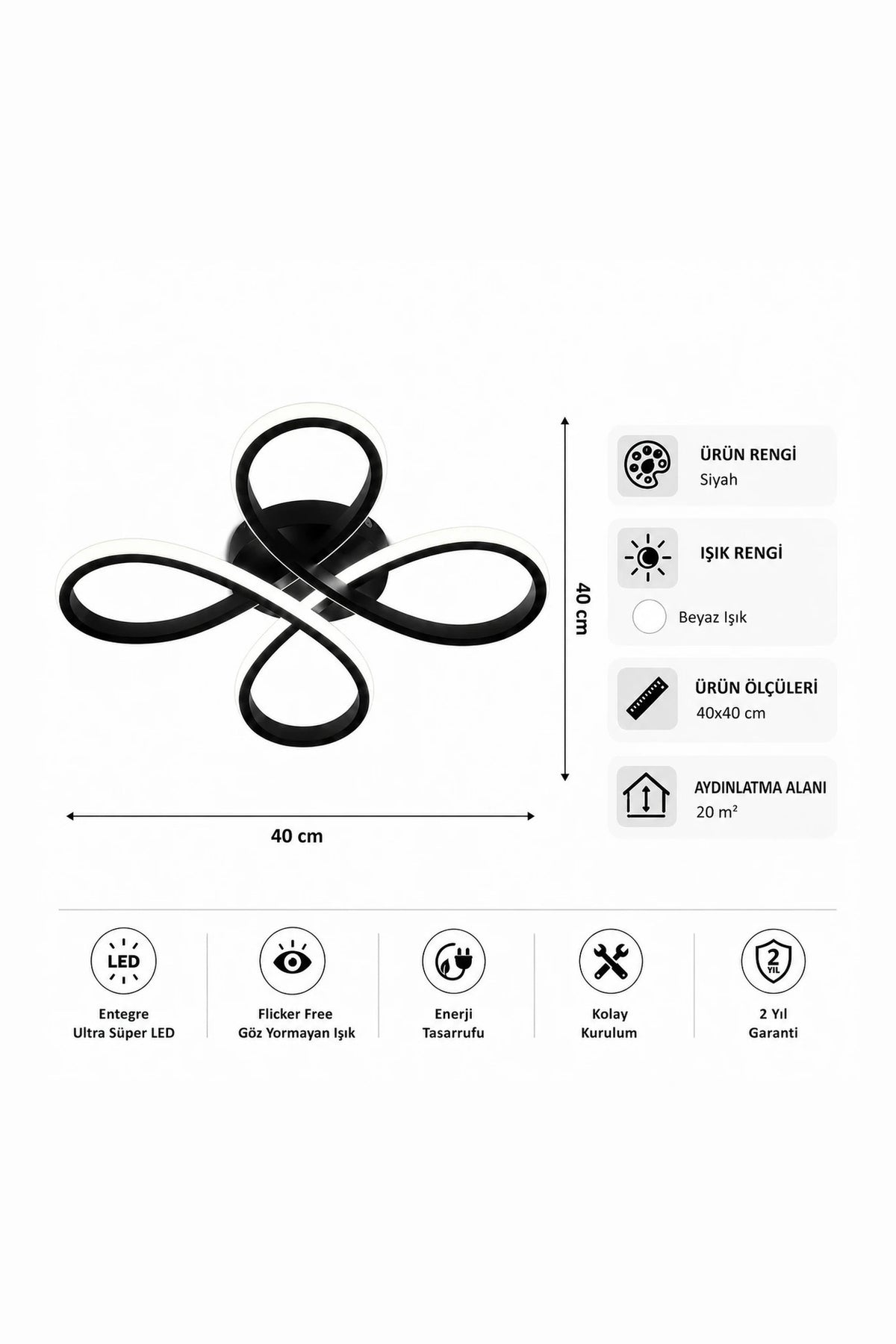 Salda Modern Siyah Plafonyer Ultra Power Beyaz Ledli Avize - Çap 40 cm