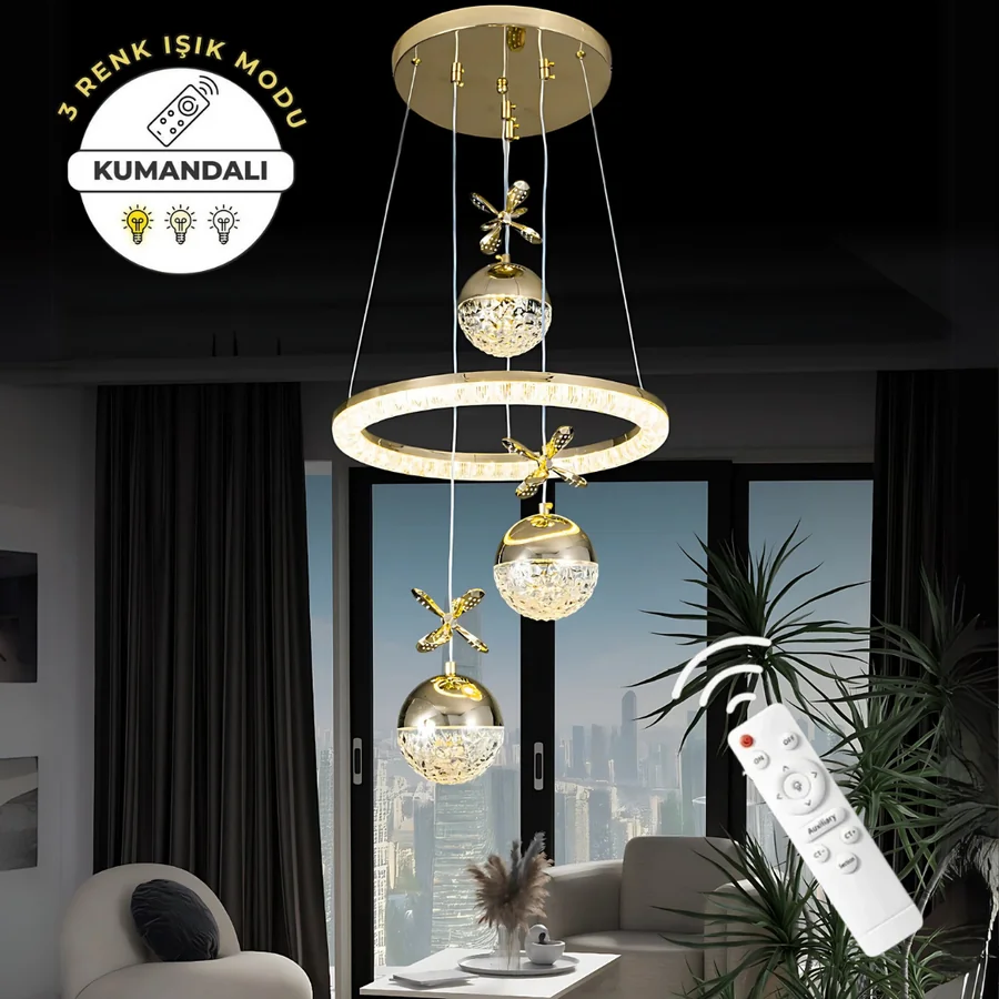 Clarity Gold Lüks Kumandalı Dimmerli 3 Renk Ledli Avize