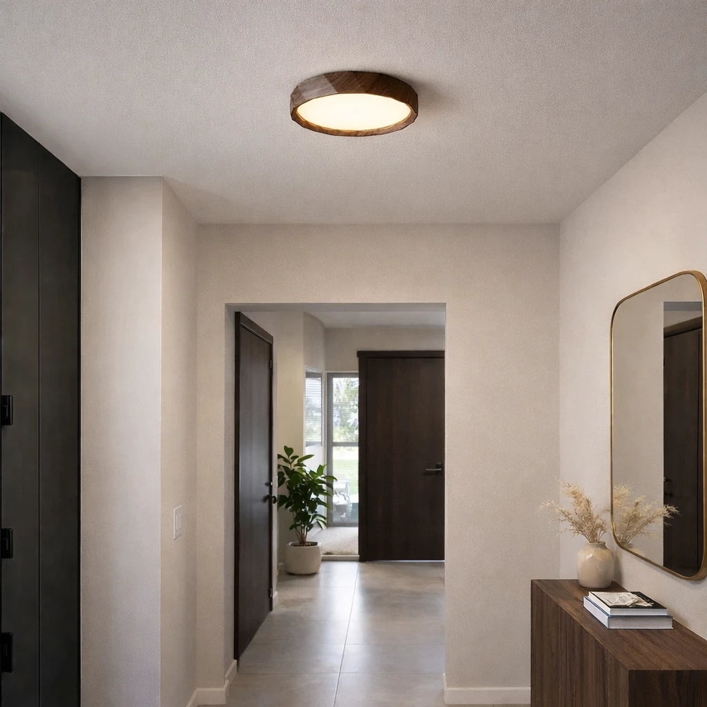 Antik Burma 26'Lık Koyu Ceviz Ahşap Desenli Plafonyer 3 Renk Ledli Hol  Antre Koridor Banyo Balkon Avizesi Ledli Avize Armatür - Çap 26 cm