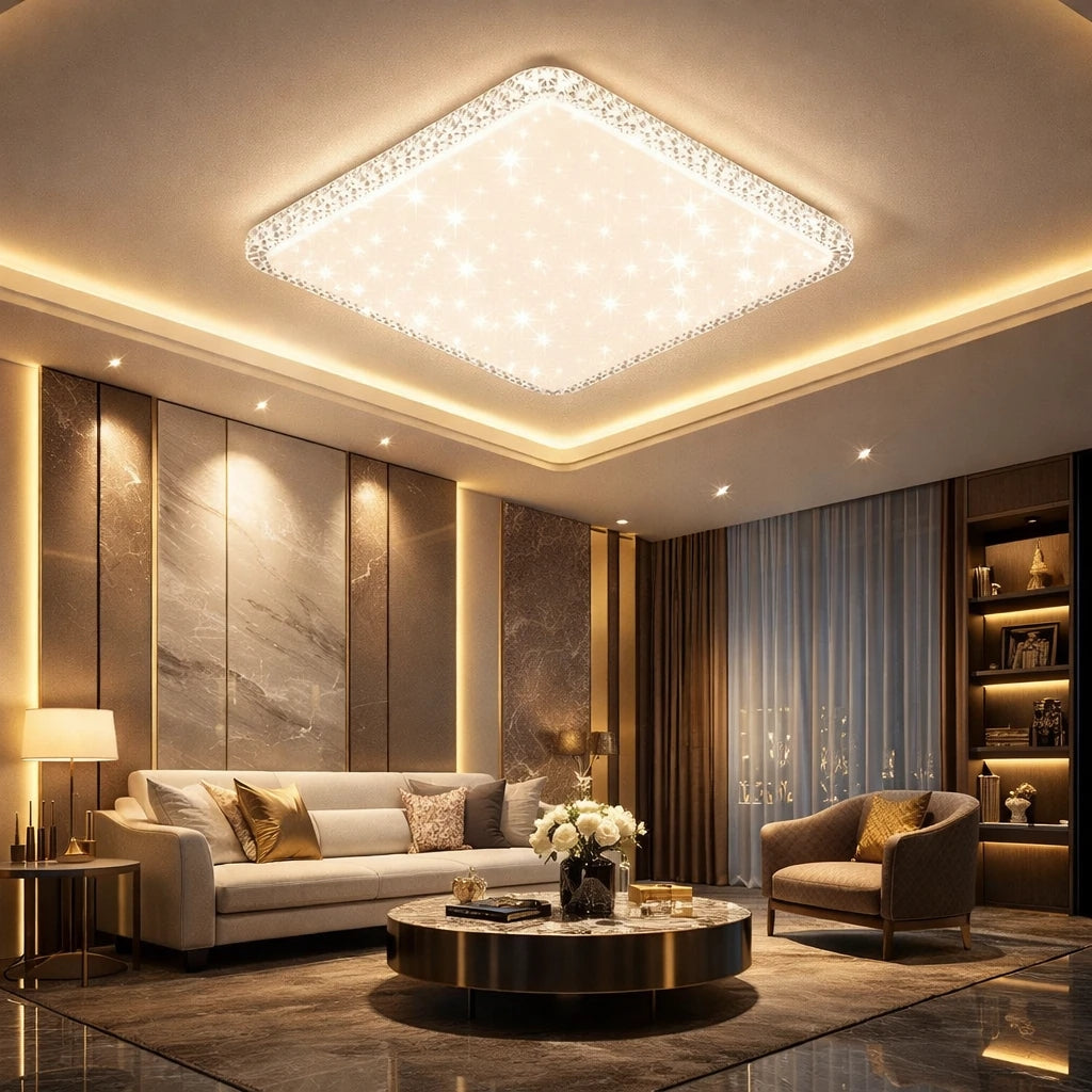 Bonita Cristalya Serisi 50'Lik Kare Uzaktan Kumandalı Dimmerli 3 Renk Ledli Plafonyer Ledli Avize Çap 50 cm