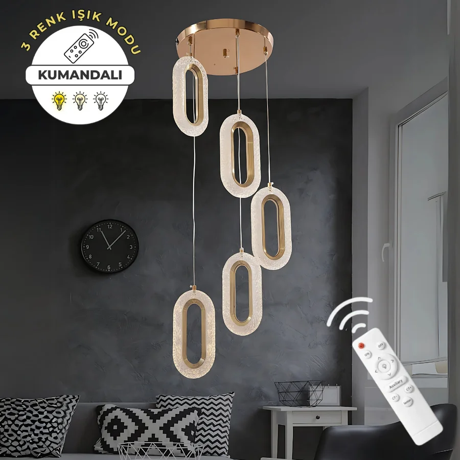 Helen Kristal Gold 5'li Lüks Kumandalı Dimmerli 3 Renk Ledli Modern Led Avize