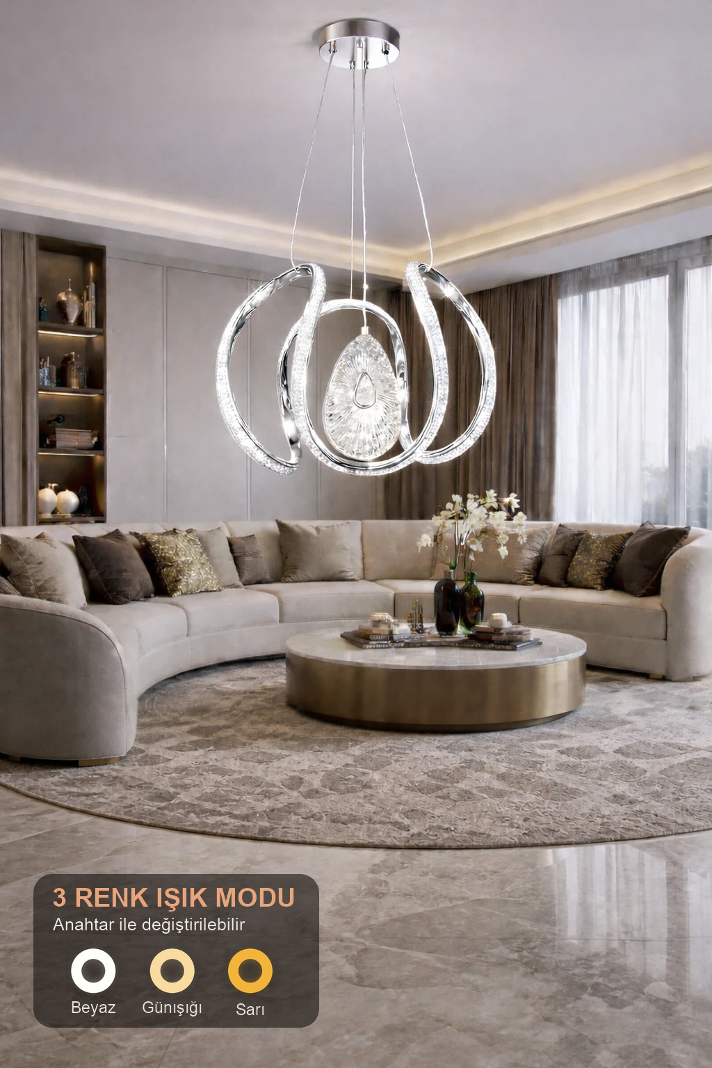 Paris Lüks Cristalya Serisi Orjinal Krom Kaplamalı 3 Renk Ledli Sarkıt Ledli Avize Modern Led Avize-Çap 30 cm