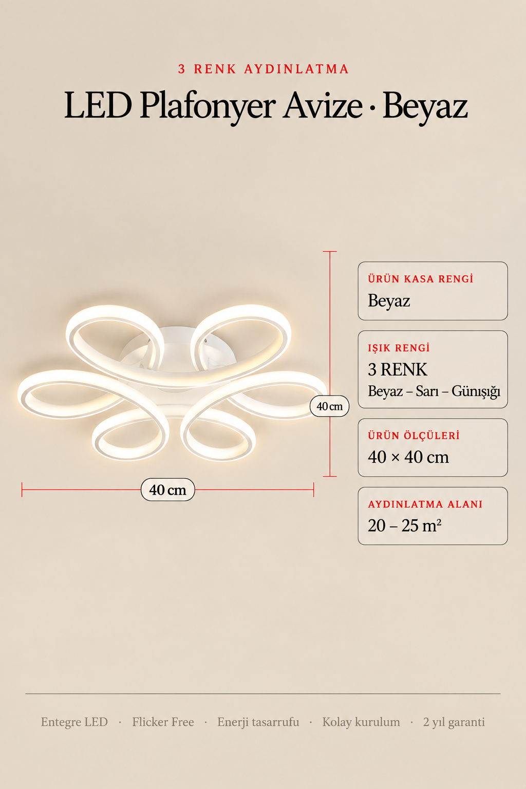 Papatya Beyaz Plafonyer 3 Renk Ledli Avize Modern Led Avize  - Çap 40 cm
