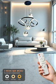Elit Siyah Krom Uzaktan Kumandalı 3 Renk Ledli Modern Özel Tasarım Sarkıt Ledli Avize Salon Avizesi Led Avize