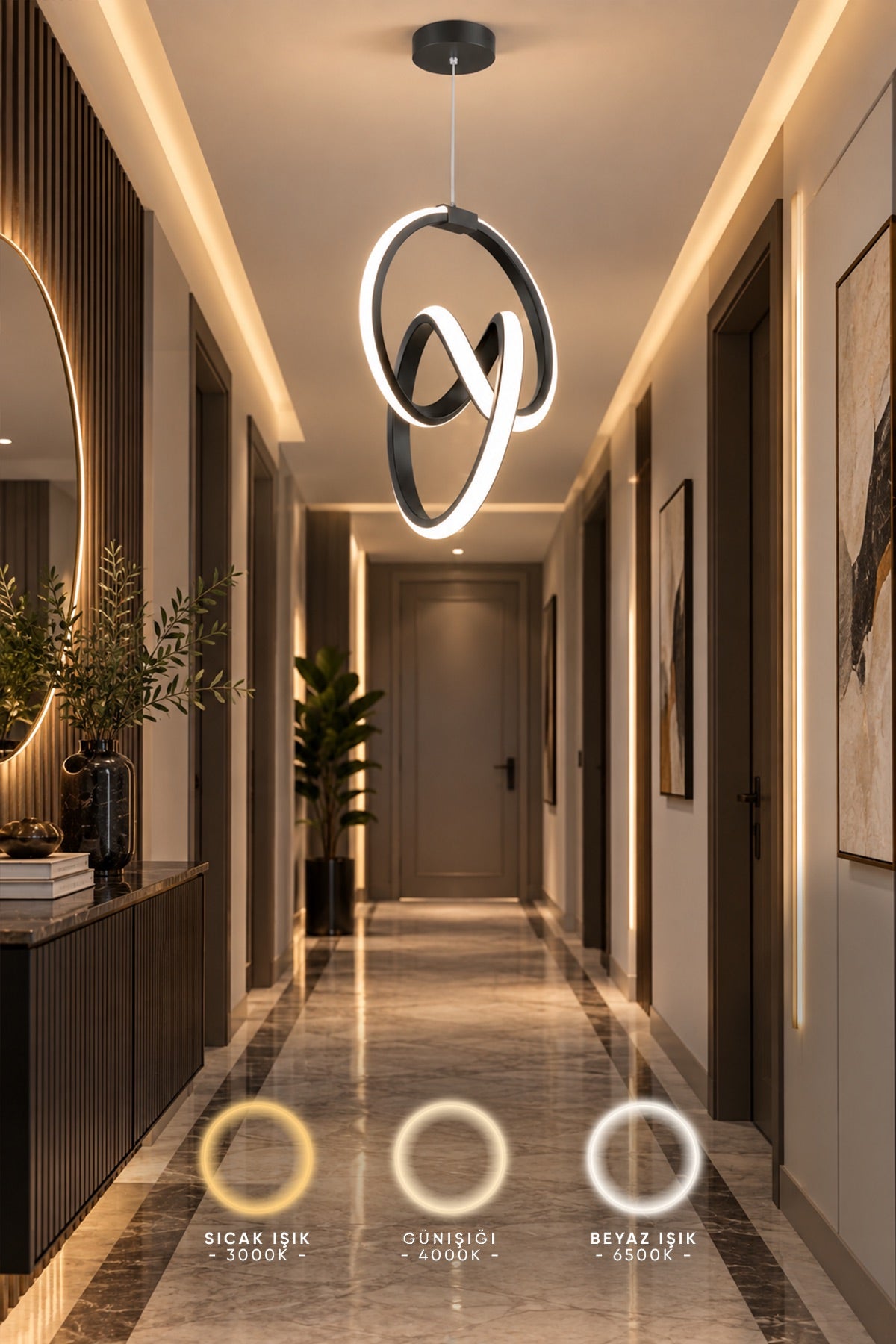 Trend Siyah 3 Renk Ledli Avize Sarkık Modern Led Avize Oturma Odası Hol Antre Koridor Avizesi
