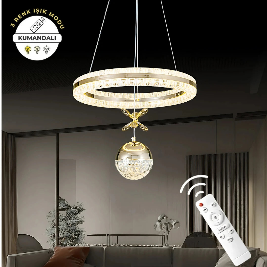 Işıltı Gold Kumandalı 3 Renk Ledli  Çift Yönlü Aydınlatmalı Lüks Tasarım Ledli Avize Çap 40 cm