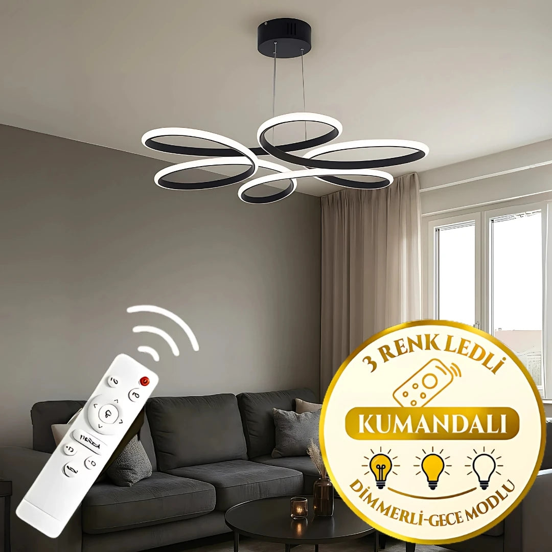 Lupin Siyah Sarkık Kumandalı 3 Renk Ledli Dimmerli Sarkıt Modern Ledli Avize-Çap 60 cm