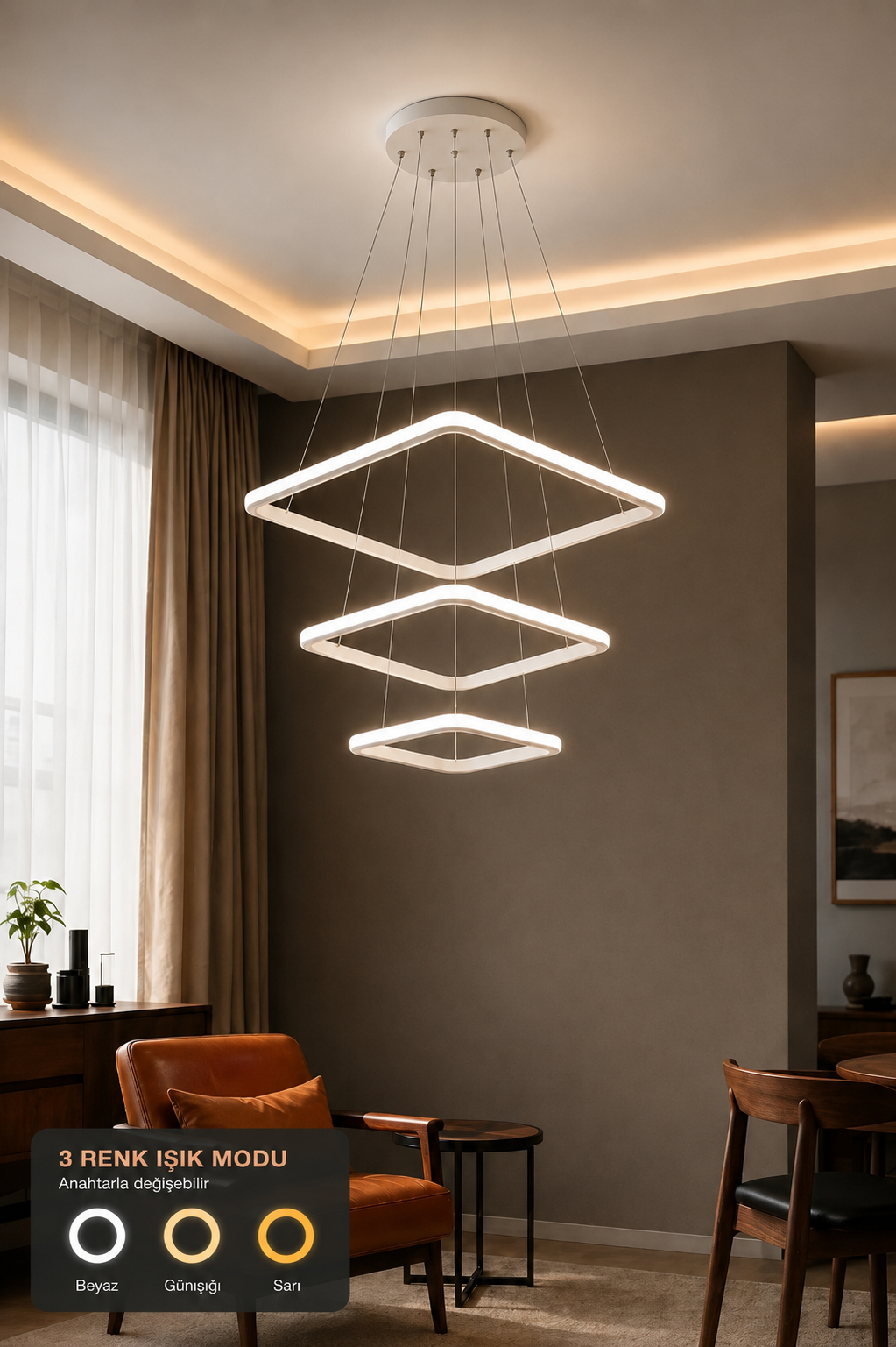 Maria Beyaz Kare 3 Renk Ledli Avize Sarkık 3'lü Ledli Avize Modern Led Avize