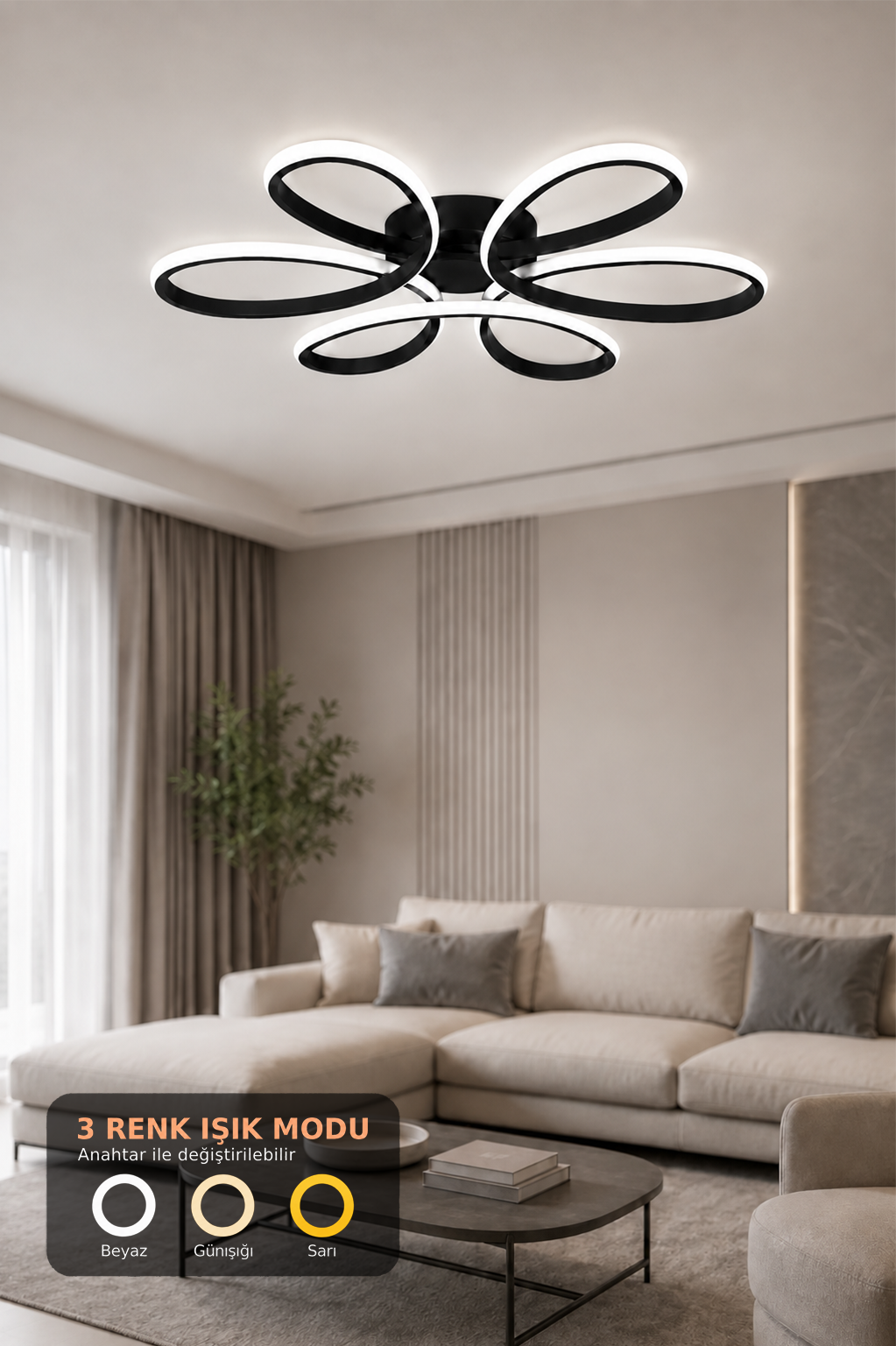 Alya Siyah 3 Renk 60 cm Plafonyer Led Avize
