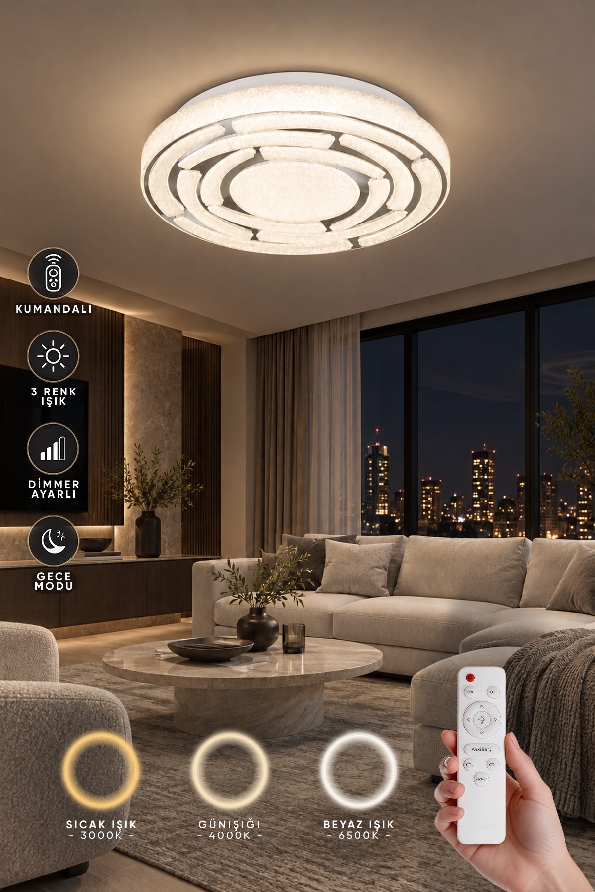 Amaris Krom Uzaktan Kumandalı 3 Renk 30 cm Led Avize