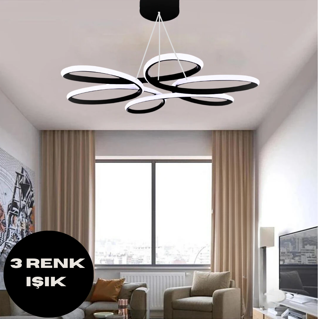 Nipul Siyah Sarkıt Modern Ultra Süper 3 Renk Işıklı Ledli Avize