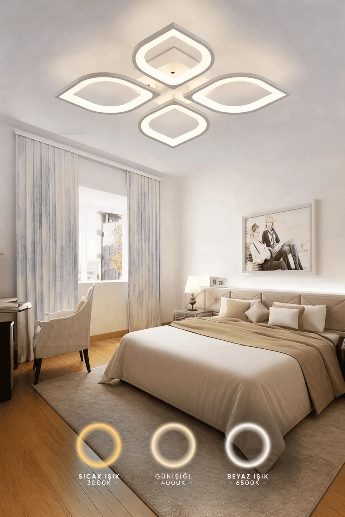 MS53005-4Modern 3 Renk Ledli   Plafonyer Lüks Modern Beyaz 4'lü Ledli Avize