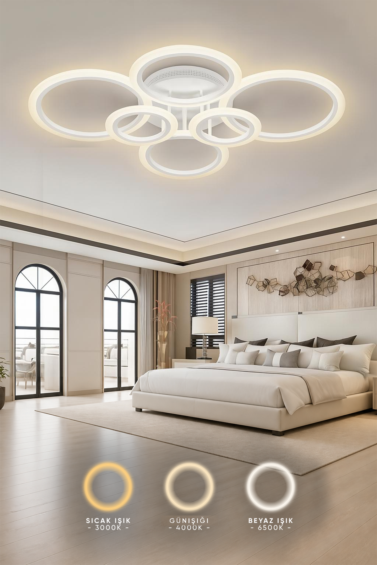 MS38005-6 Modern 3 Renk Ledli Beyaz Plafonyer Lüks  6'Lı Ledli Avize