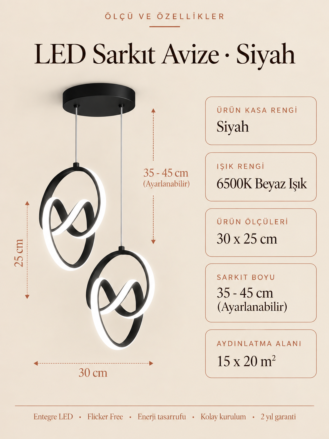 Trend 2'Li Siyah Sarkık Power Beyaz Ledli Avize Modern Led Avize