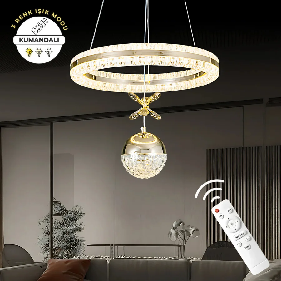 Işıltı Gold Kumandalı 3 Renk Ledli Çift Yönlü Aydınlatmalı Lüks Tasarım Ledli Avize Çap 40 cm