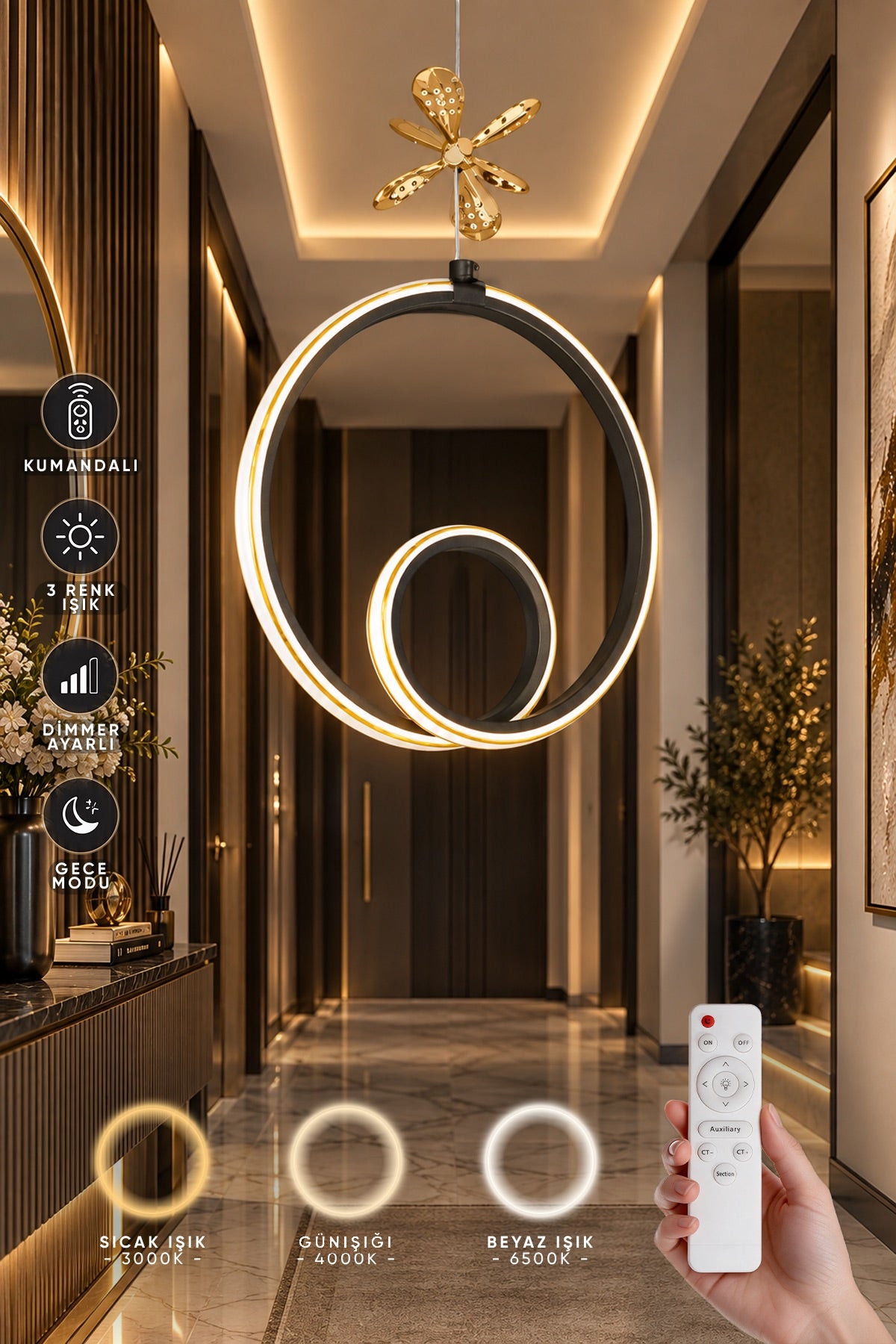 Yakamoz Siyah 3 Renk Kumandalı Gold Çizgili Kelebek Detaylı Sarkıt Dimmerli LED Avize