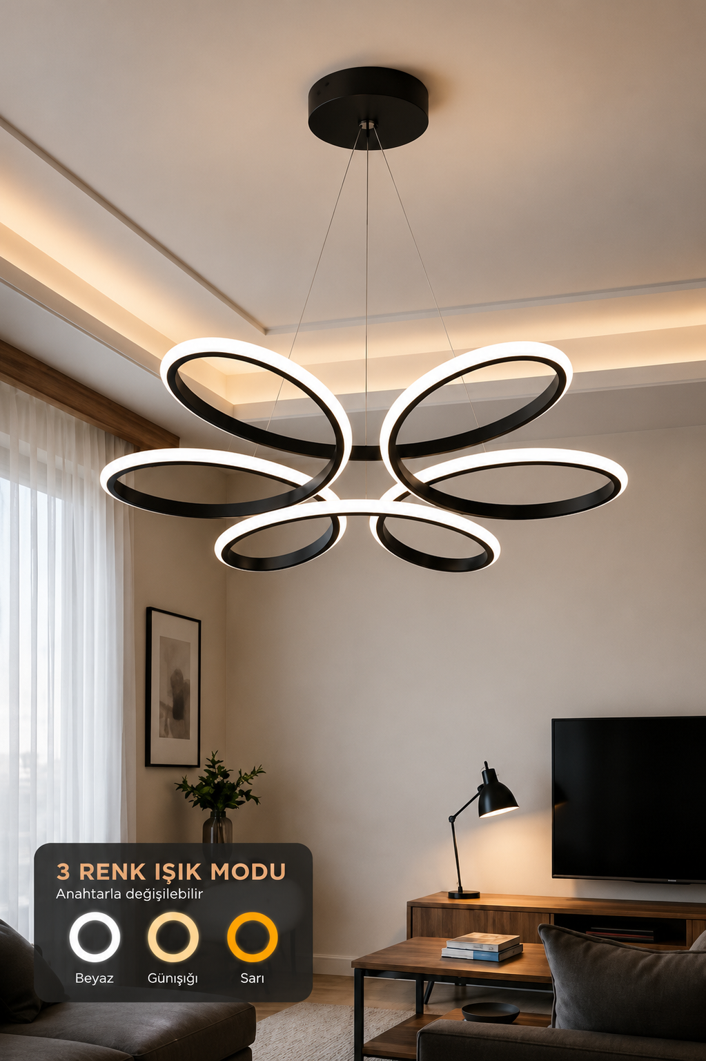 Nipul Siyah Sarkıt Modern Ultra Süper 3 Renk Işıklı Ledli Avize