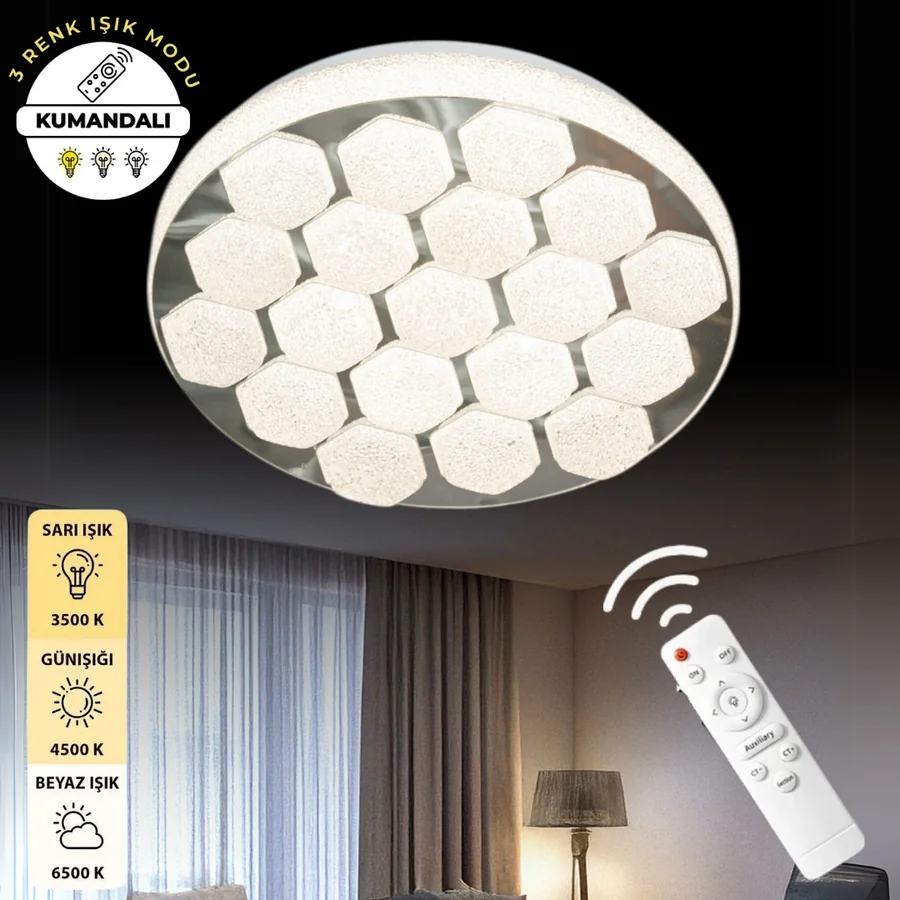 Alagadi Krom Uzaktan Kumandalı 3 Renk 30 cm Led Avize