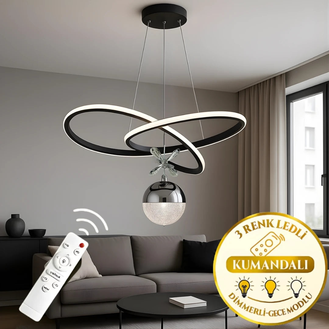 Adore Siyah Krom Uzaktan Kumandalı 3 Renk Ledli Modern Özel Tasarım Sarkıt Ledli Avize