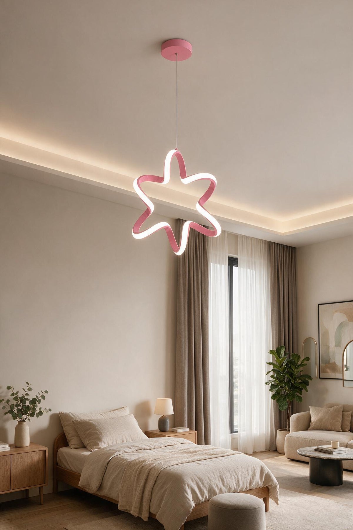Yıldız Pembe Tekli Sarkıt Led Beyaz Işık Ultra Ledli Salon Mutfak Oda Hol Ledli Avize