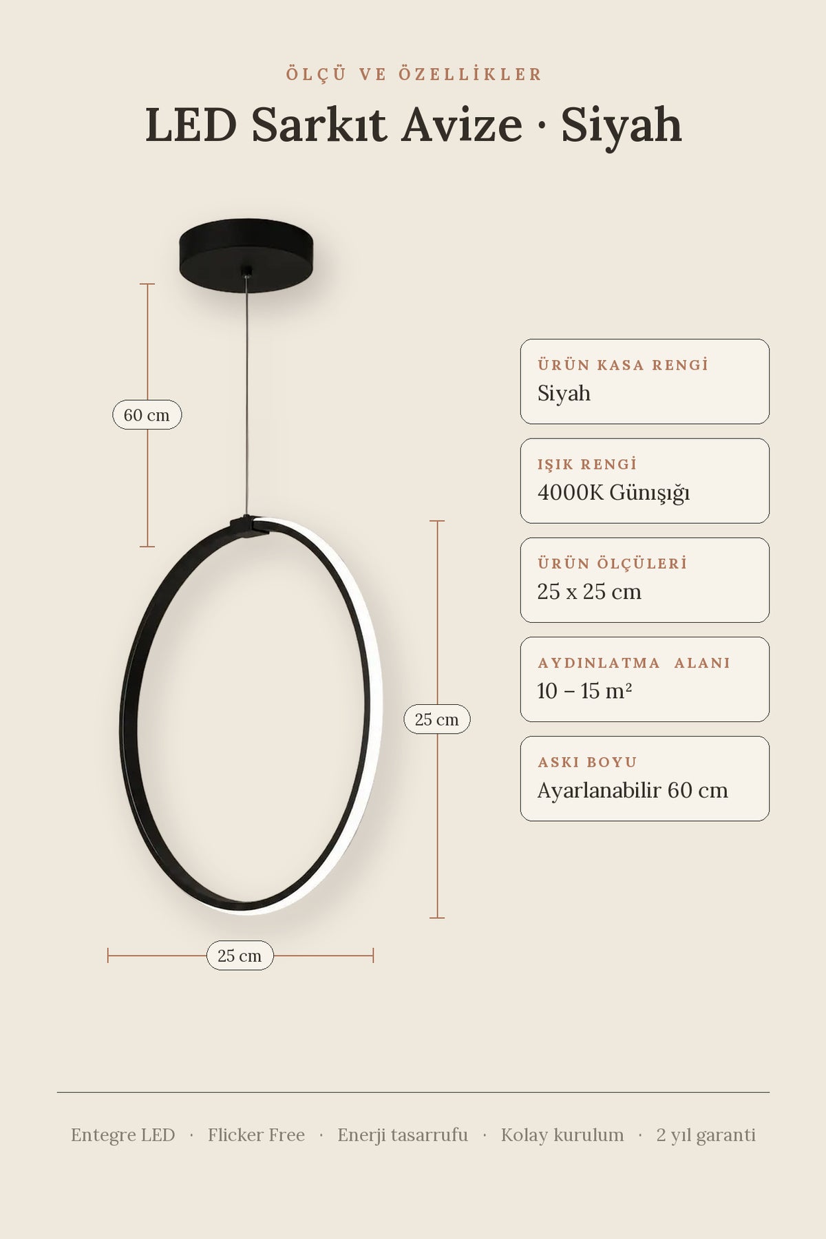 Rings Siyah Tekli Sarkıt Led Günışığı Ultra Ledli Salon Mutfak Oda Hol Ledli Avize