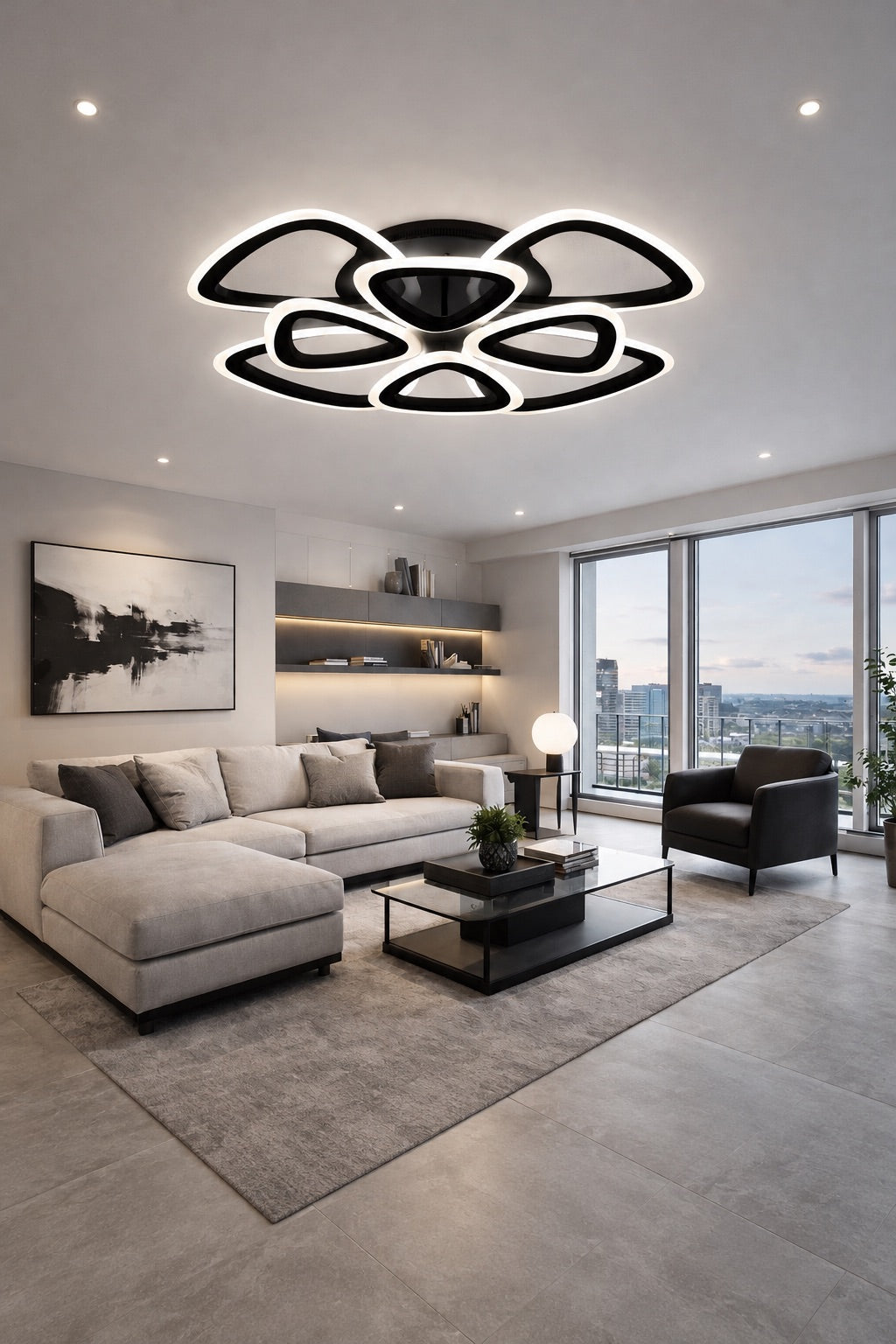 MS39005-4+4 Modern 3 Renk Ledli Mimari Tasarım Siyah Plafonyer Lüks Modern 8'Lİ Ledli Avize