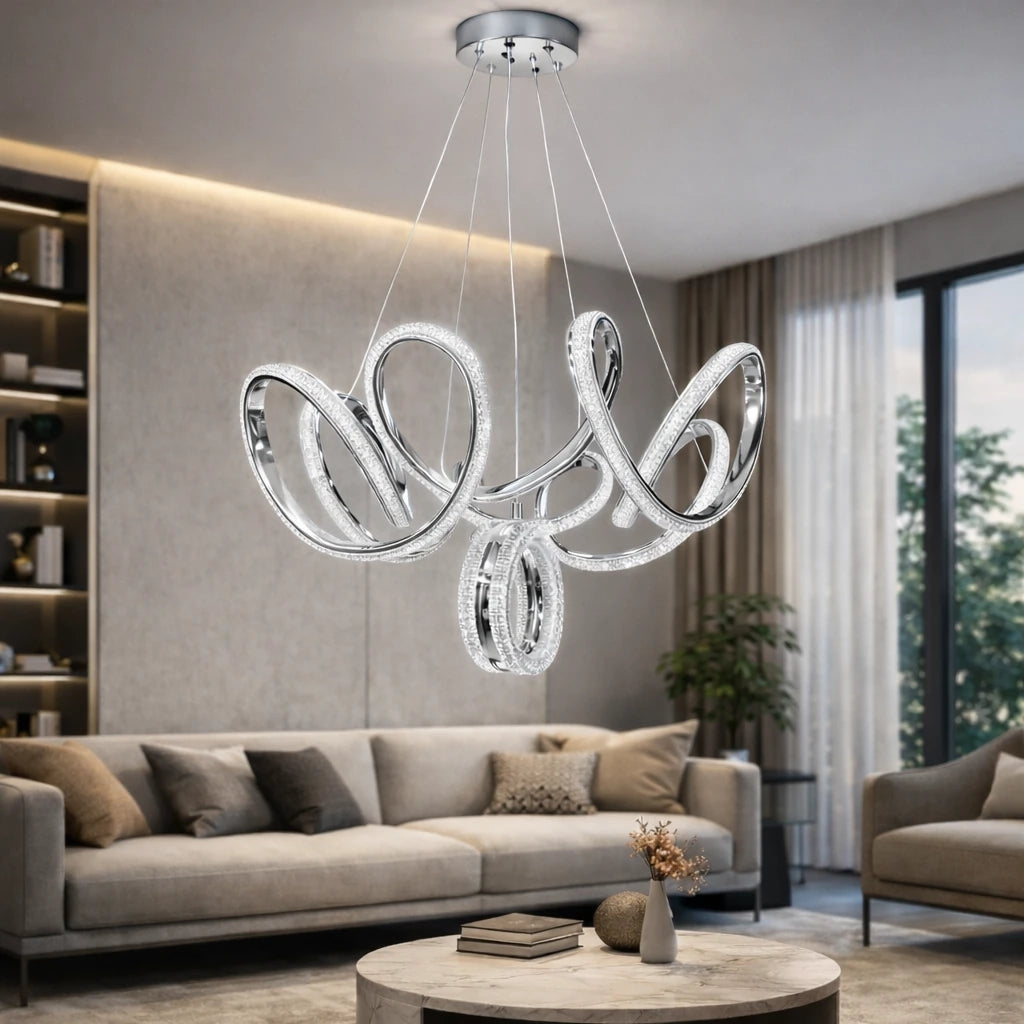 Prestij Lüks Cristalya Serisi Orjinal Krom Kaplamalı 3 Renk Ledli Sarkıt Ledli Avize Modern Led Avize-Çap 50 cm