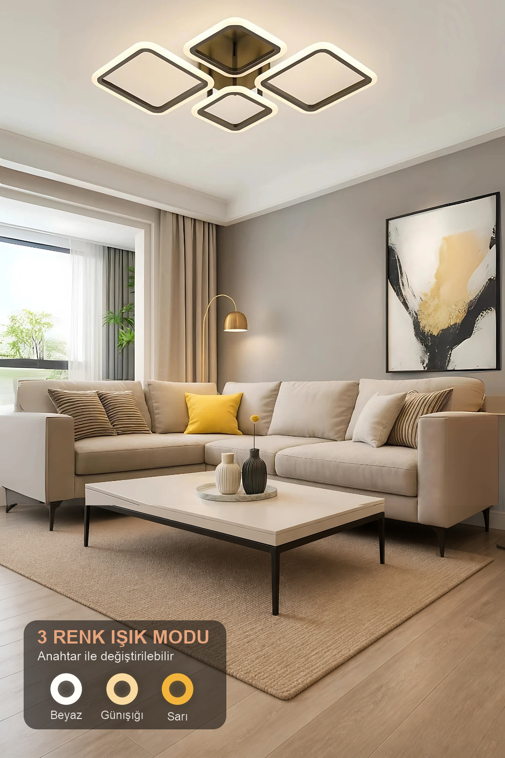 MS73005-2+2 Modern 3 Renk Ledli Plafonyer Siyah Lüks Modern 4'Lü Ledli Avize
