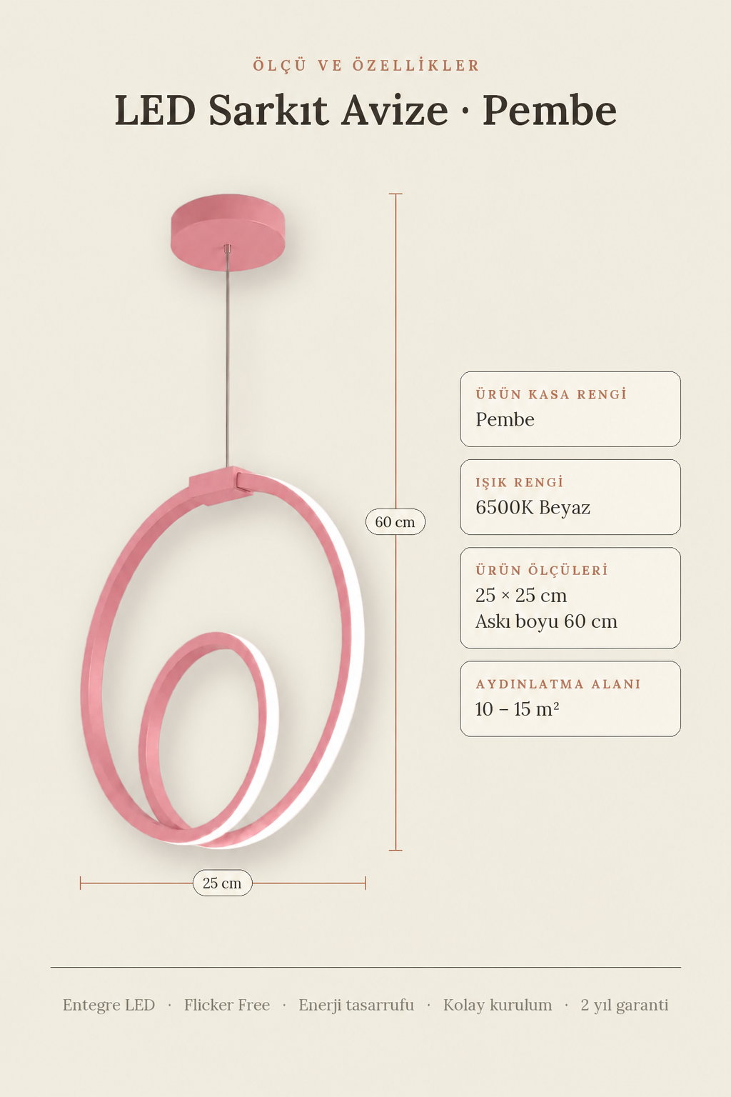 Orjin Pembe Tekli Sarkıt Led Beyaz Işık Ultra Ledli Salon Mutfak Oda Hol Ledli Avize