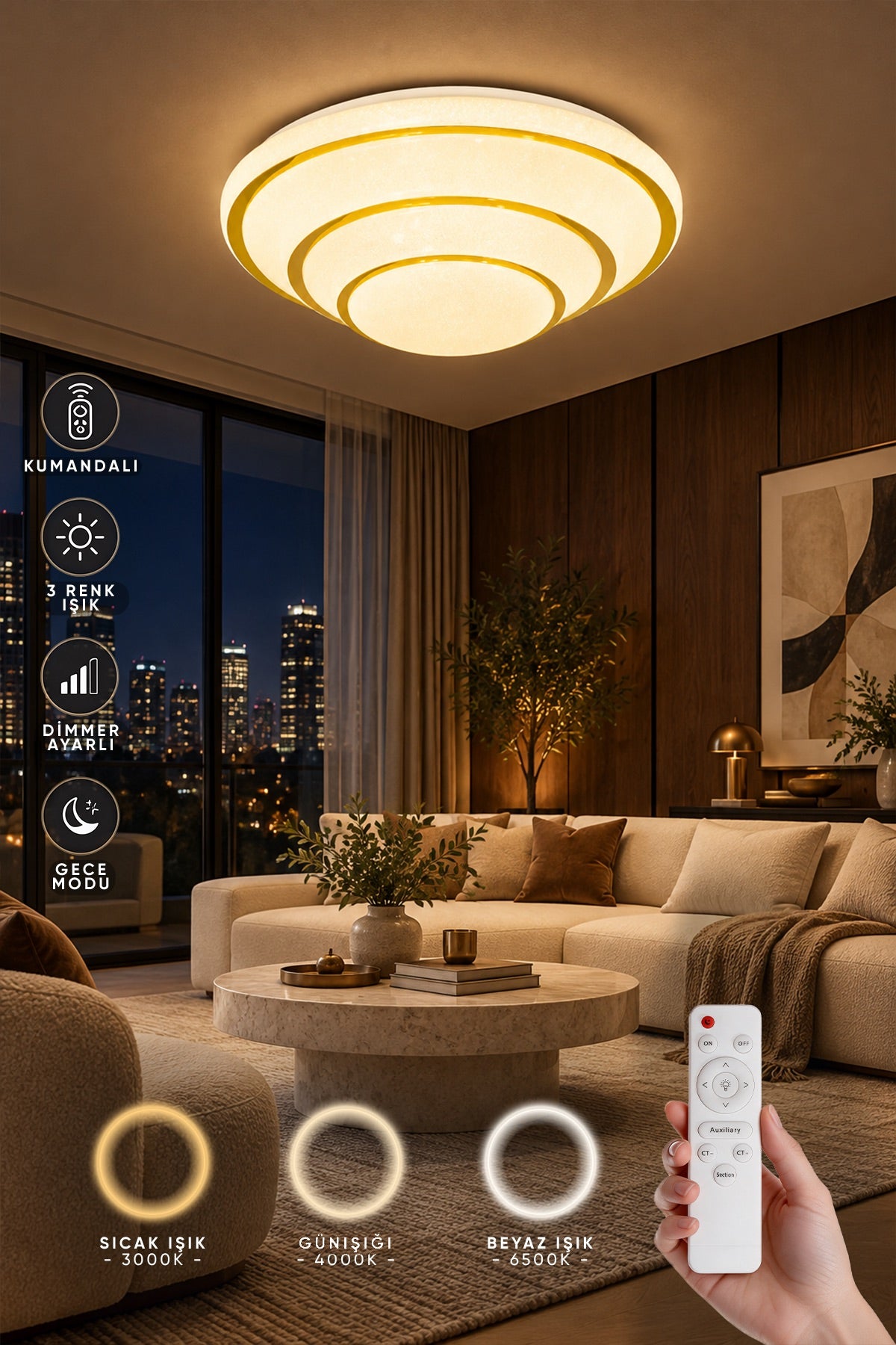 Agatha Gold Uzaktan Kumandalı 3 Renk 40 cm Led Avize