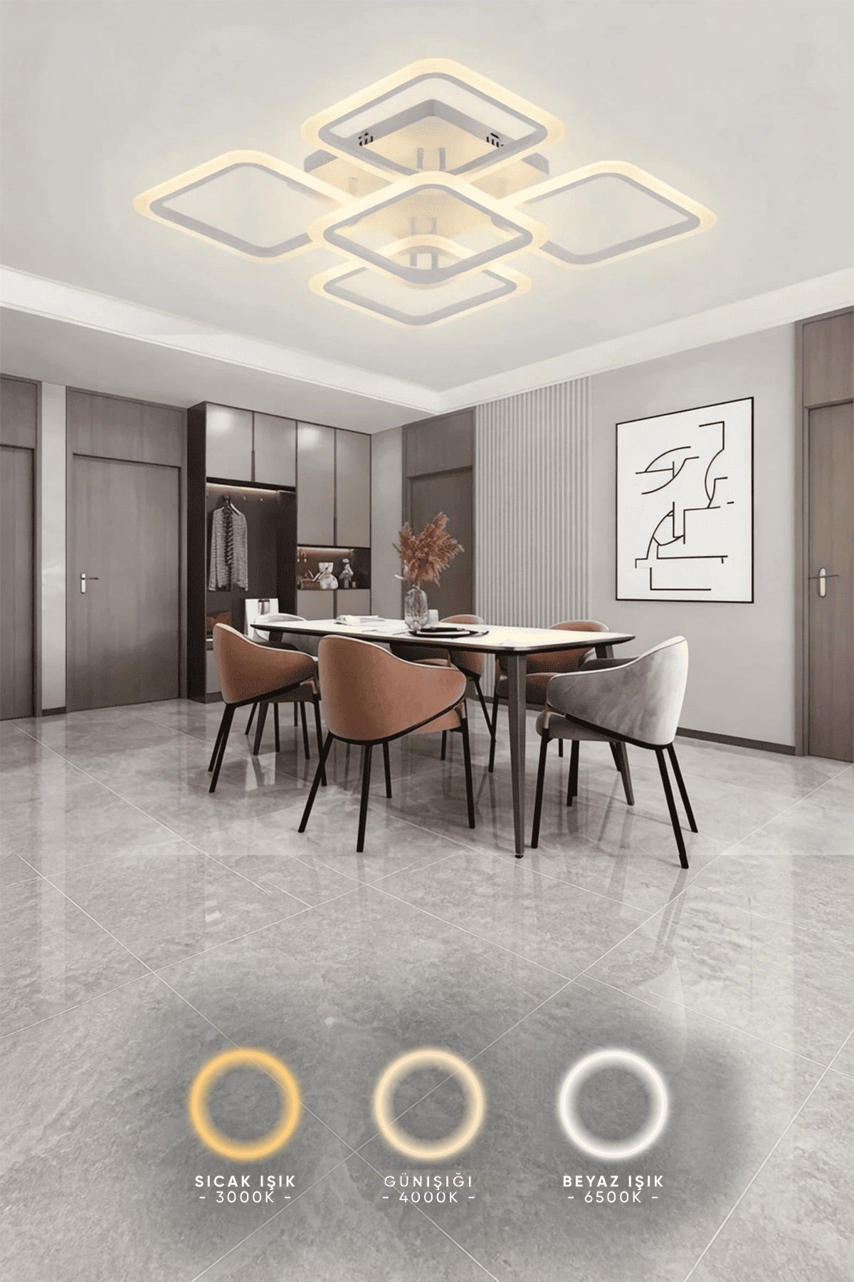 MS72005- 4+1  Modern 3 Renk Ledli Beyaz Plafonyer Lüks 5'Li Ledli Avize