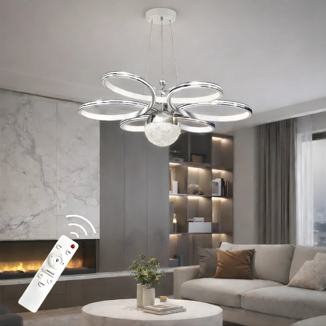 Luxury Krom Beyaz Özel Tasarım Krom Çizgi Detaylı Uzaktan Kumandalı Dimmerli Gece Modlu 3 Renk Ledli Avize - Çap 60 cm