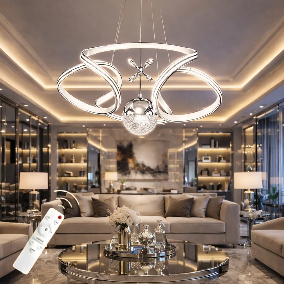 Calista Krom Beyaz Özel Tasarım Krom Çizgi Detaylı Uzaktan Kumandalı Dimmerli Gece Modlu 3 Renk Ledli Avize - Çap 50 cm