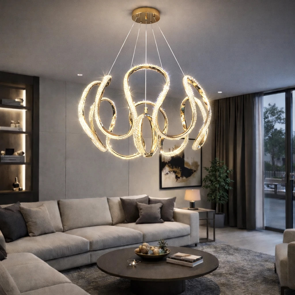 Pierra Lüks Cristalya Serisi Orjinal Gold Kaplamalı 3 Renk Ledli Sarkıt Ledli Avize Modern Led Avize-Çap 50 cm