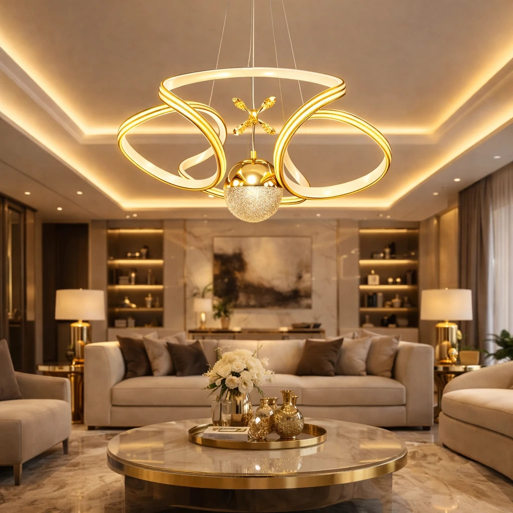 Calista Gold Beyaz Özel Tasarım Gold Çizgi Detaylı Uzaktan Kumandalı Dimmerli Gece Modlu 3 Renk Ledli Avize - Çap 50 cm