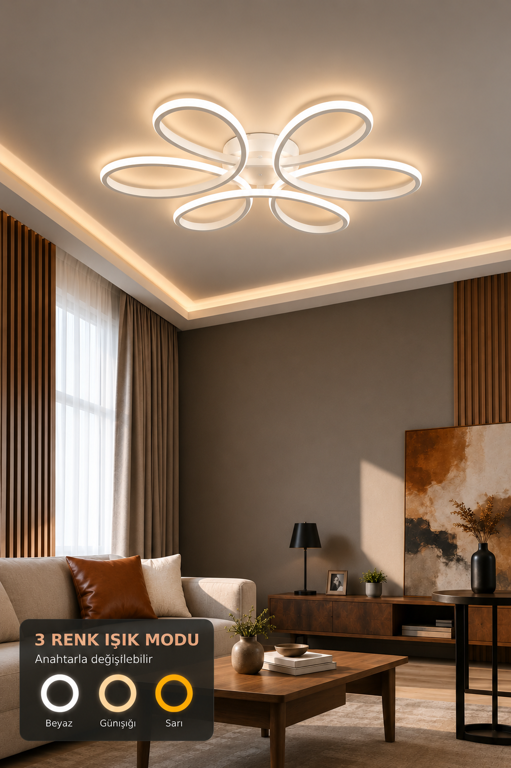 Nipul Beyaz Plafonyer Modern Ultra Süper 3 Renk Işıklı Ledli Avize