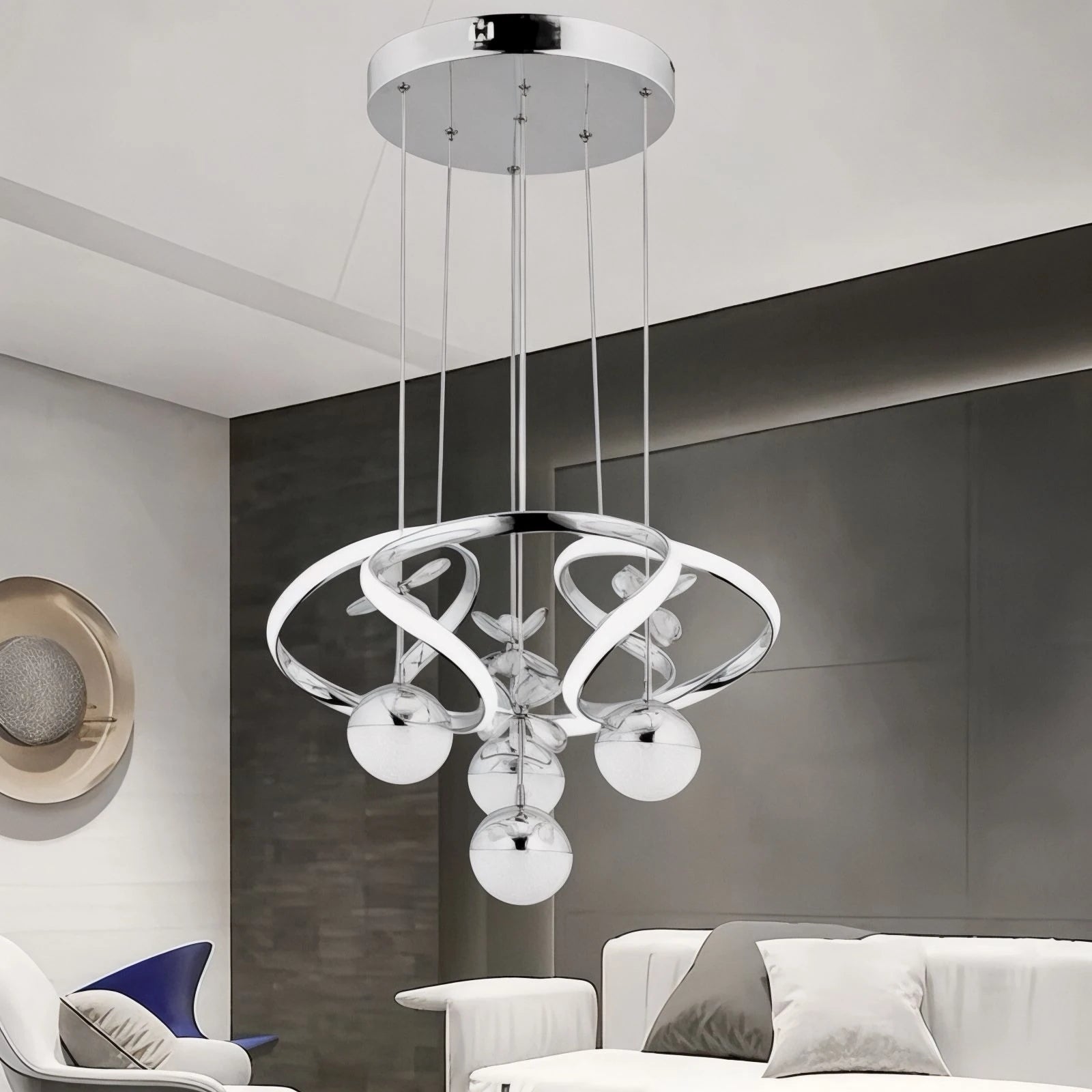 Elit Krom 3 Renk Ledli Modern Özel Tasarım Sarkıt Ledli Avize Salon Avizesi Led Avize
