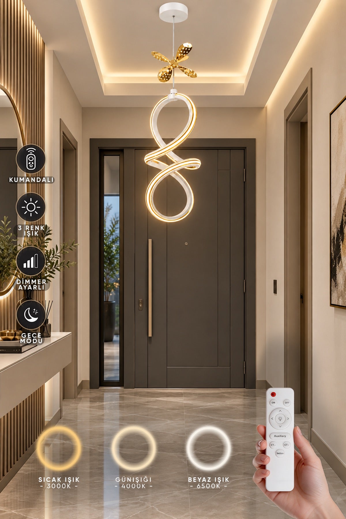 Badem Beyaz Gold Çizgili 3 Renk Kumandalı Dimmerli Kelebek Detaylı Sarkıt Led Avize