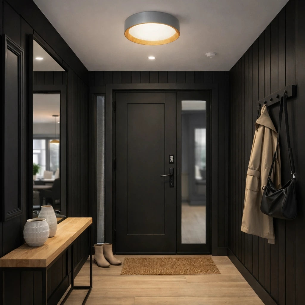 Sahra Özel Kombin 26'Lık Antrasit Ahşap Desenli Plafonyer 3 Renk Ledli Hol Antre Koridor Banyo Balkon Avizesi Ledli Avize Armatür - Çap 26 cm