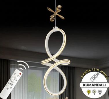 Badem Beyaz Gold Çizgili 3 Renk Kumandalı Dimmerli Kelebek Detaylı Sarkıt Led Avize