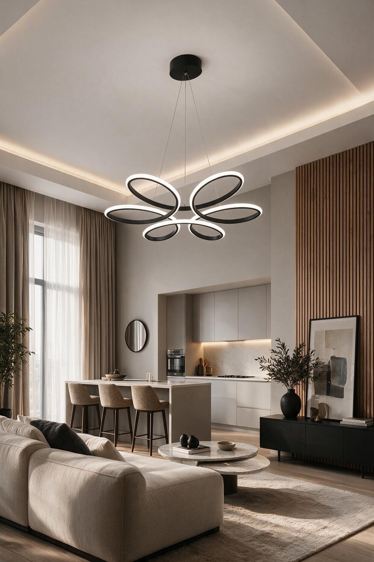 Nipul Siyah Sarkıt Modern Ultra Süper 3 Renk Işıklı Ledli Avize