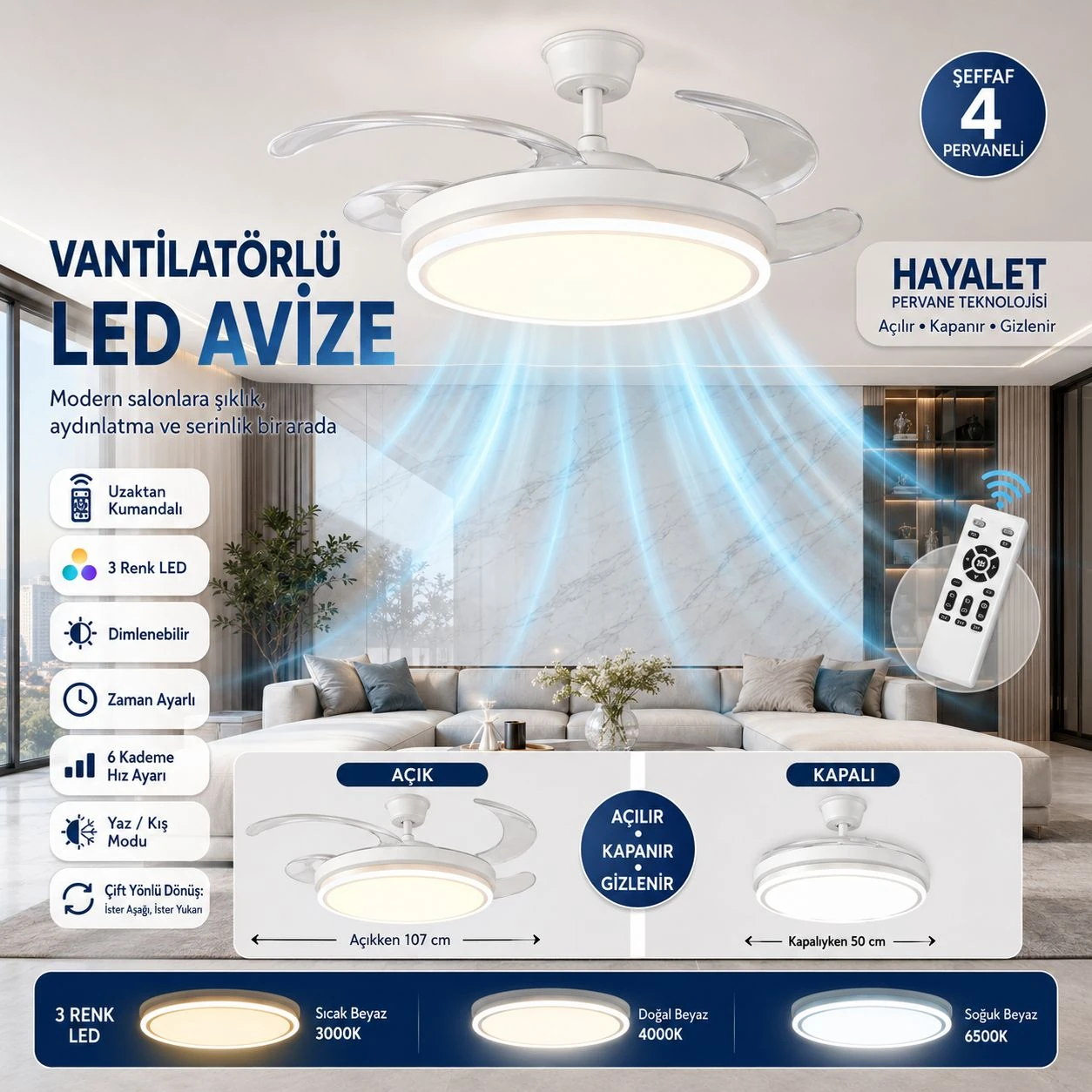 Mistral Yeni Hayalet Pervaneli Vantilatörlü Ledli Avize Tavan Vantilatörlü Uzaktan Kumandalı Premium Serisi Bakır Motorlu