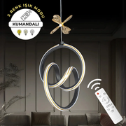 Yaren Siyah Kumandalı 3 Renk LED Gold Çizgili Kelebek Detaylı Sarkıt Dimmerli LED Avize