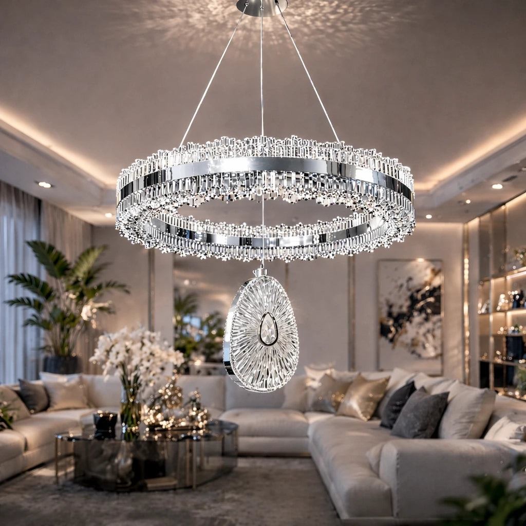 İhtişam Lüks Krom Kaplamalı Çift Yönlü Aydınlatmalı Kumandalı Dimmerli 3 Renk Ledli Avize Led Avize- Çap 40 cm