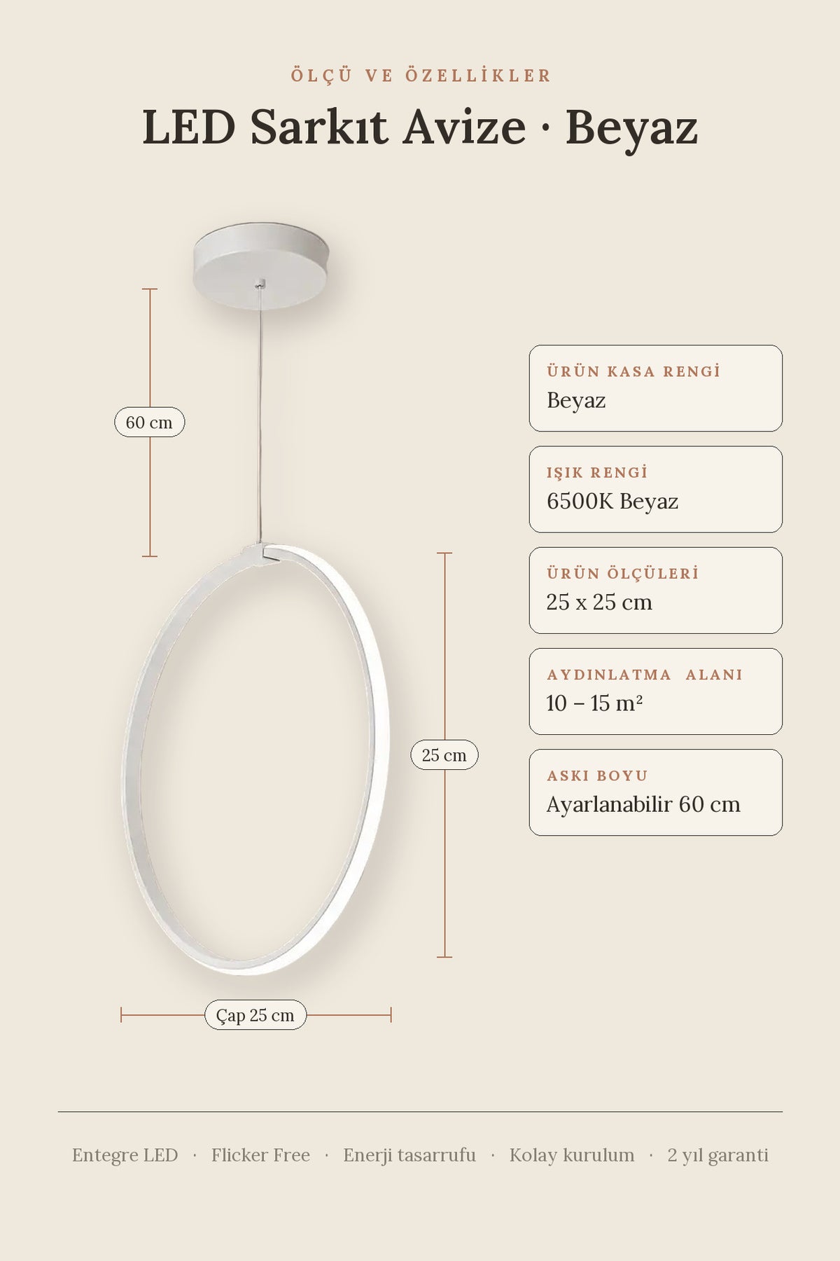 Rings Beyaz Tekli Sarkıt Led Beyaz Işık Ultra Ledli Salon Mutfak Oda Hol Ledli Avize