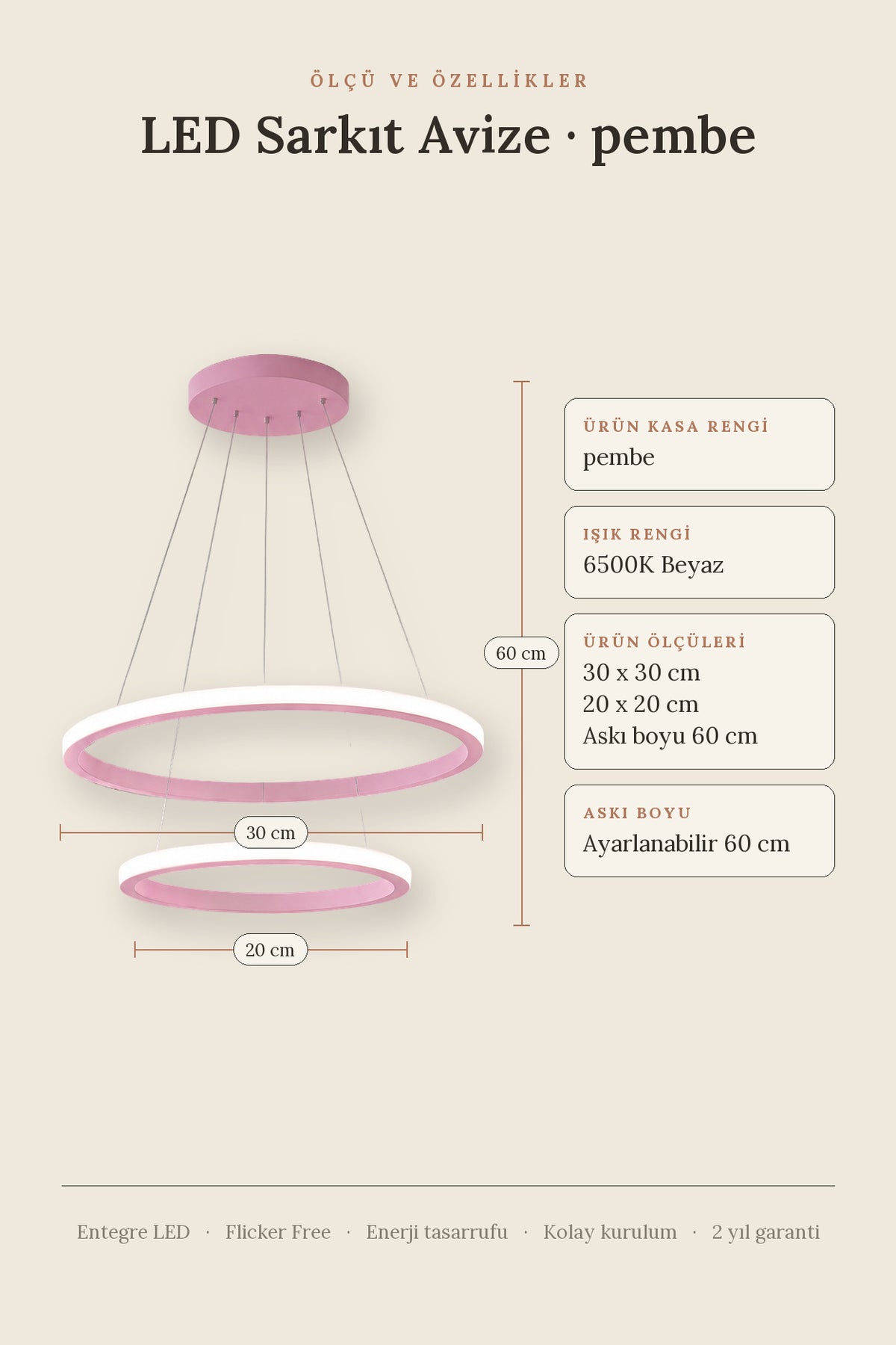 Robin 2 'li Pembe Sarkıt Beyaz Ledli Modern Led Avize