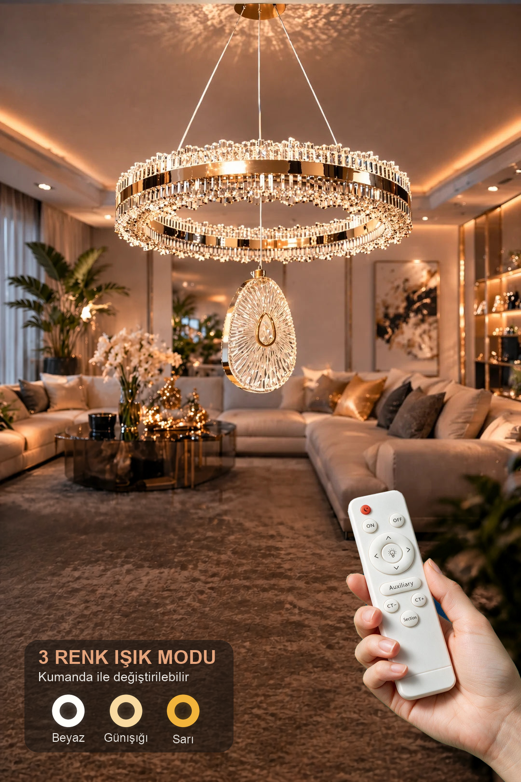 İhtişam Lüks Gold Kaplamalı Çift Yönlü Aydınlatmalı Kumandalı Dimmerli 3 Renk Ledli Avize Led Avize- Çap 40 cm
