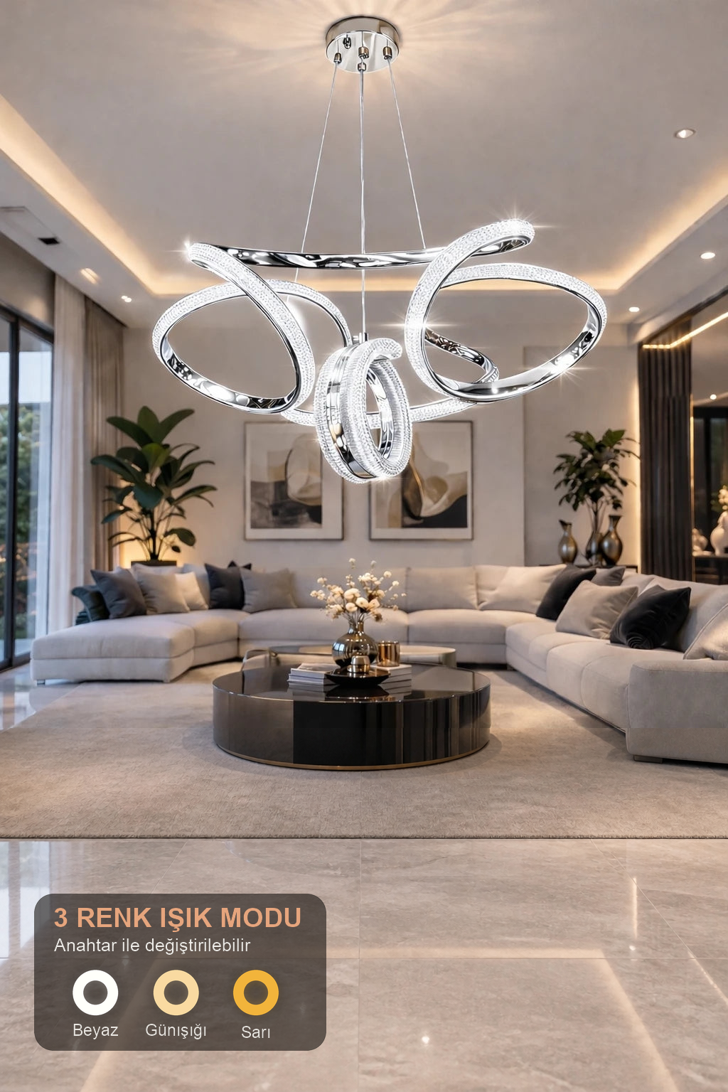 Monza Lüks Cristalya Serisi Orjinal Krom Kaplamalı 3 Renk Ledli Sarkıt Ledli Avize Modern Led Avize-Çap 50 cm