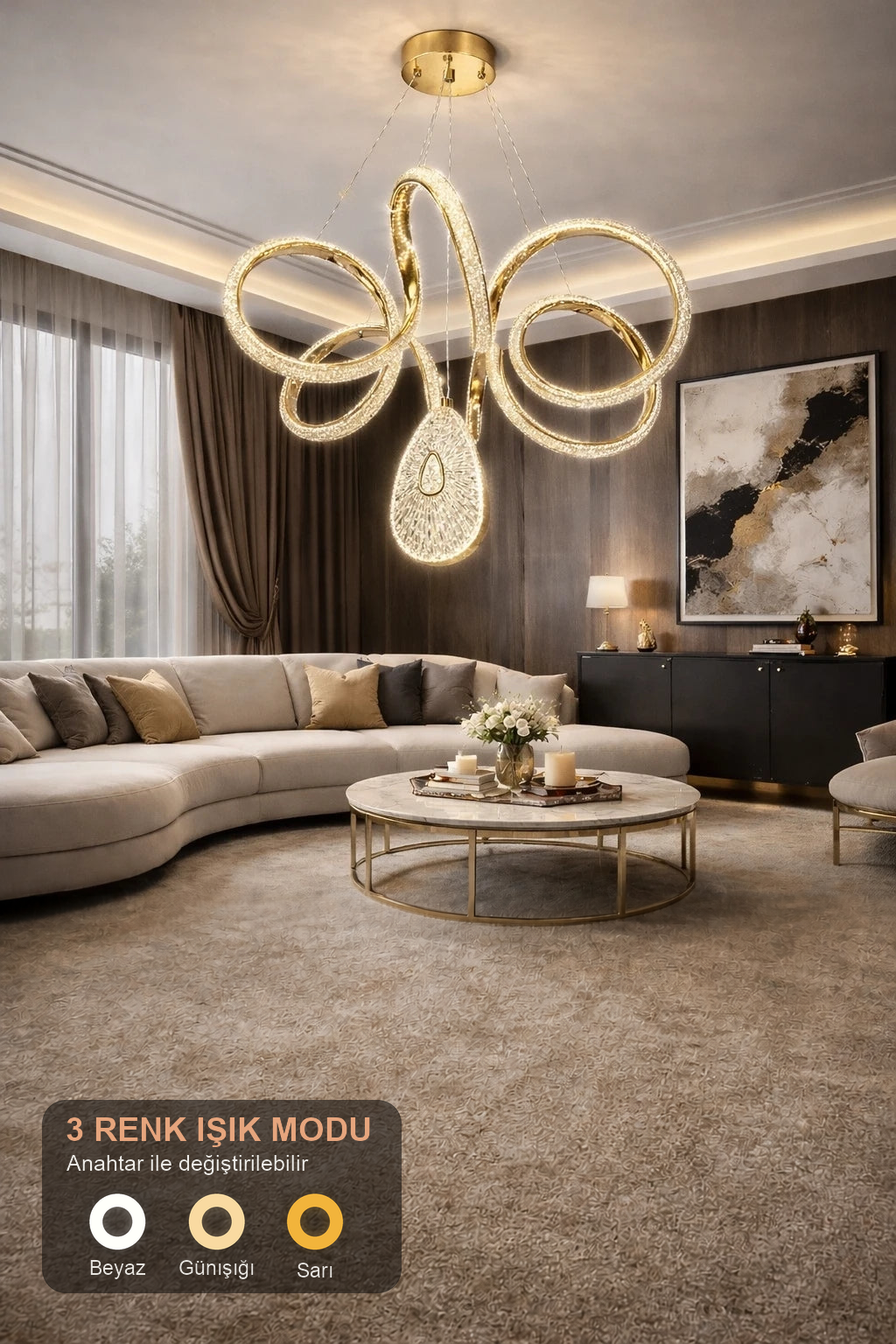 Oylum Lüks Cristalya Serisi Gold Kaplamalı 3 Renk Ledli Sarkıt Ledli Avize Modern Led Avize-Çap 50 cm