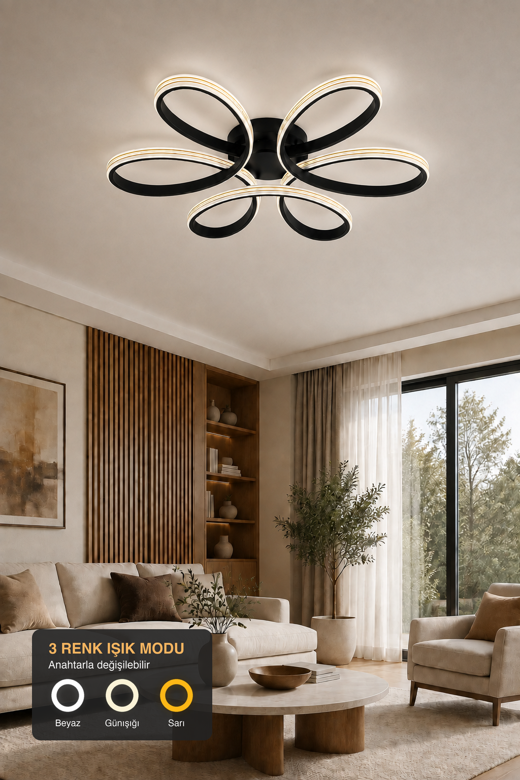 Lupinella Siyah Gold Çizgili 3 Renk 60 cm Led Avize